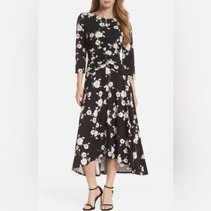 Maggy London Black and White Floral Rushed High Low Dress